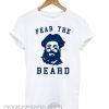 On the front of the Julian Edelman Fear The Beard smooth T shirt